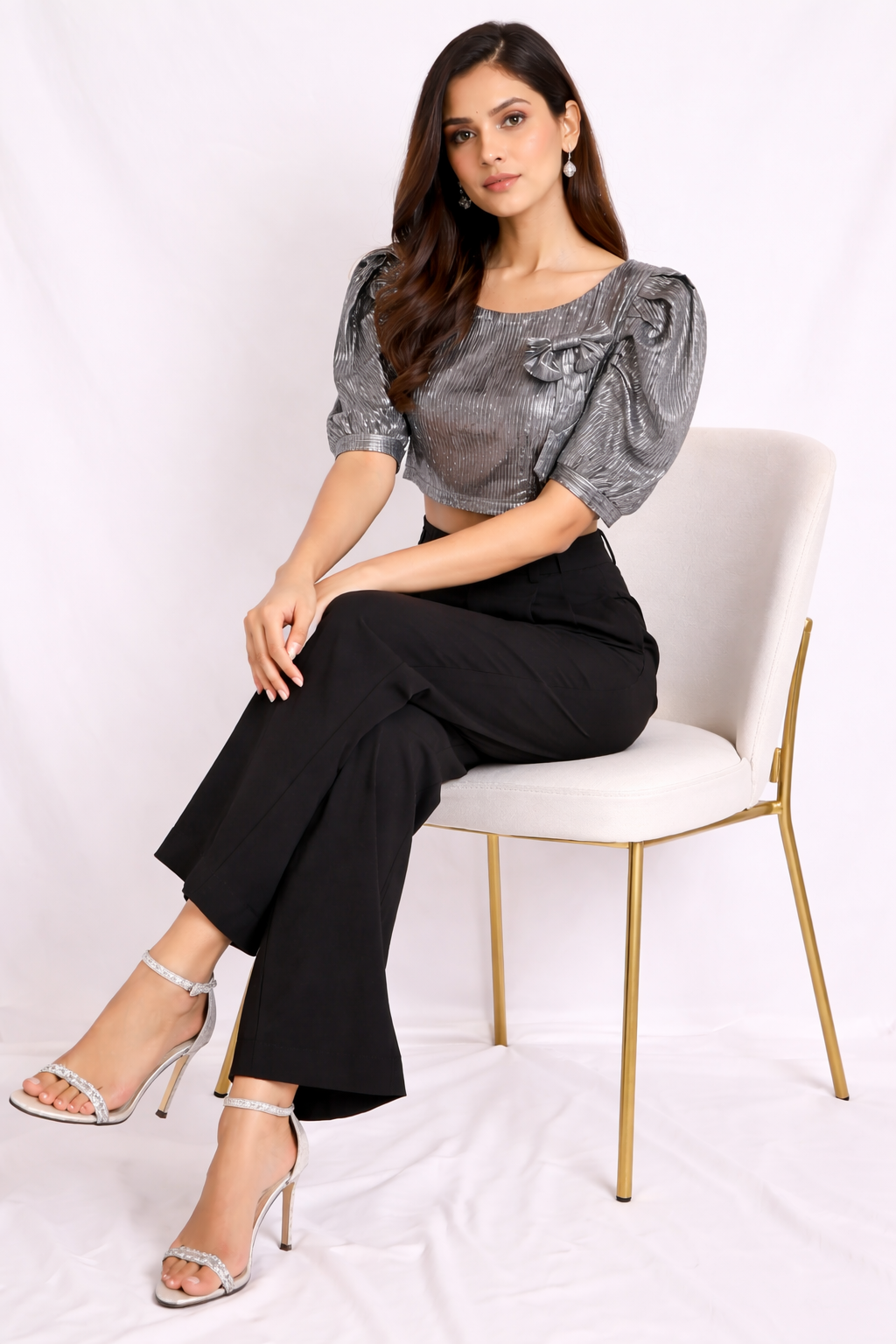Metallic Grey Puff Sleeve Crop Top