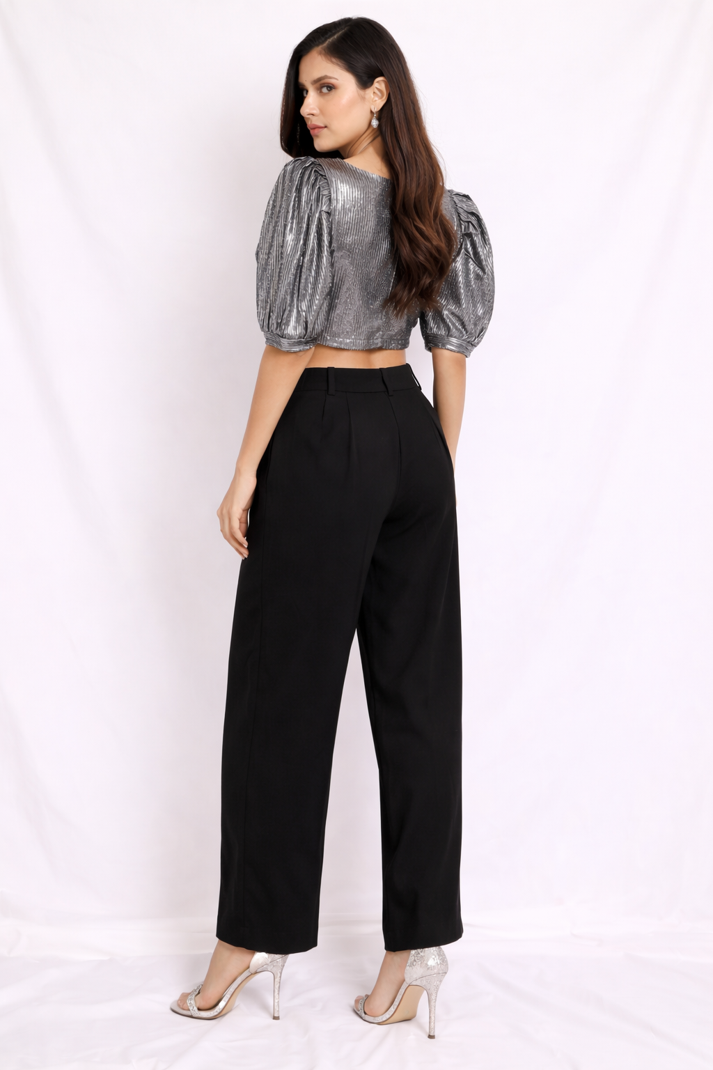 Metallic Grey Puff Sleeve Crop Top