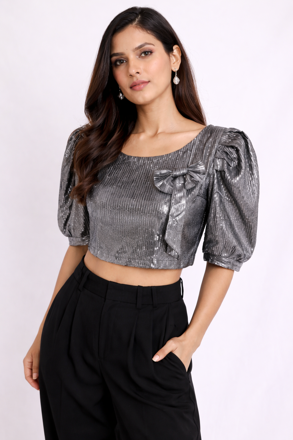 Metallic Grey Puff Sleeve Crop Top