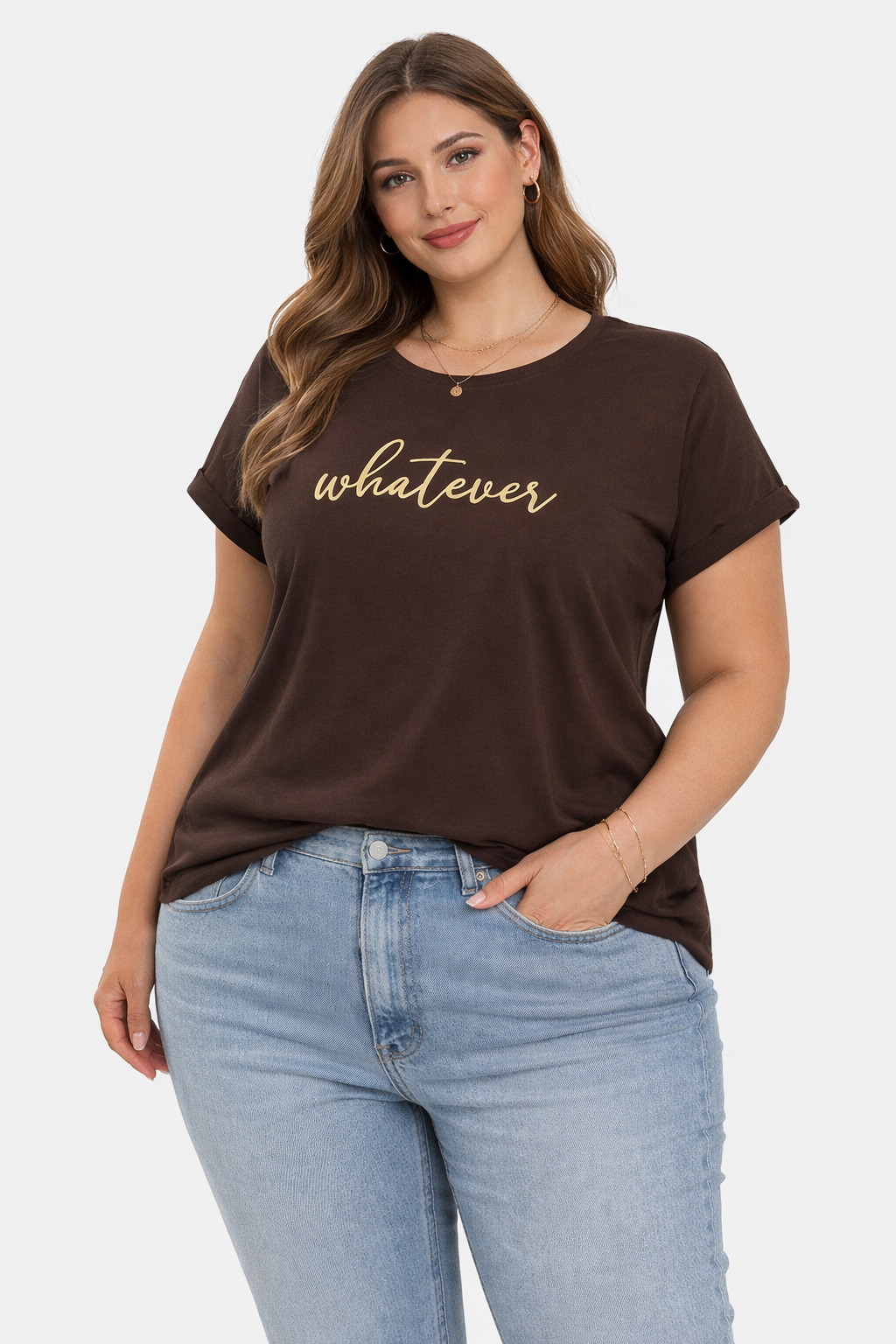 Brown Cotton Printed T-Shirt – “Whatever” Text | Regular Fit