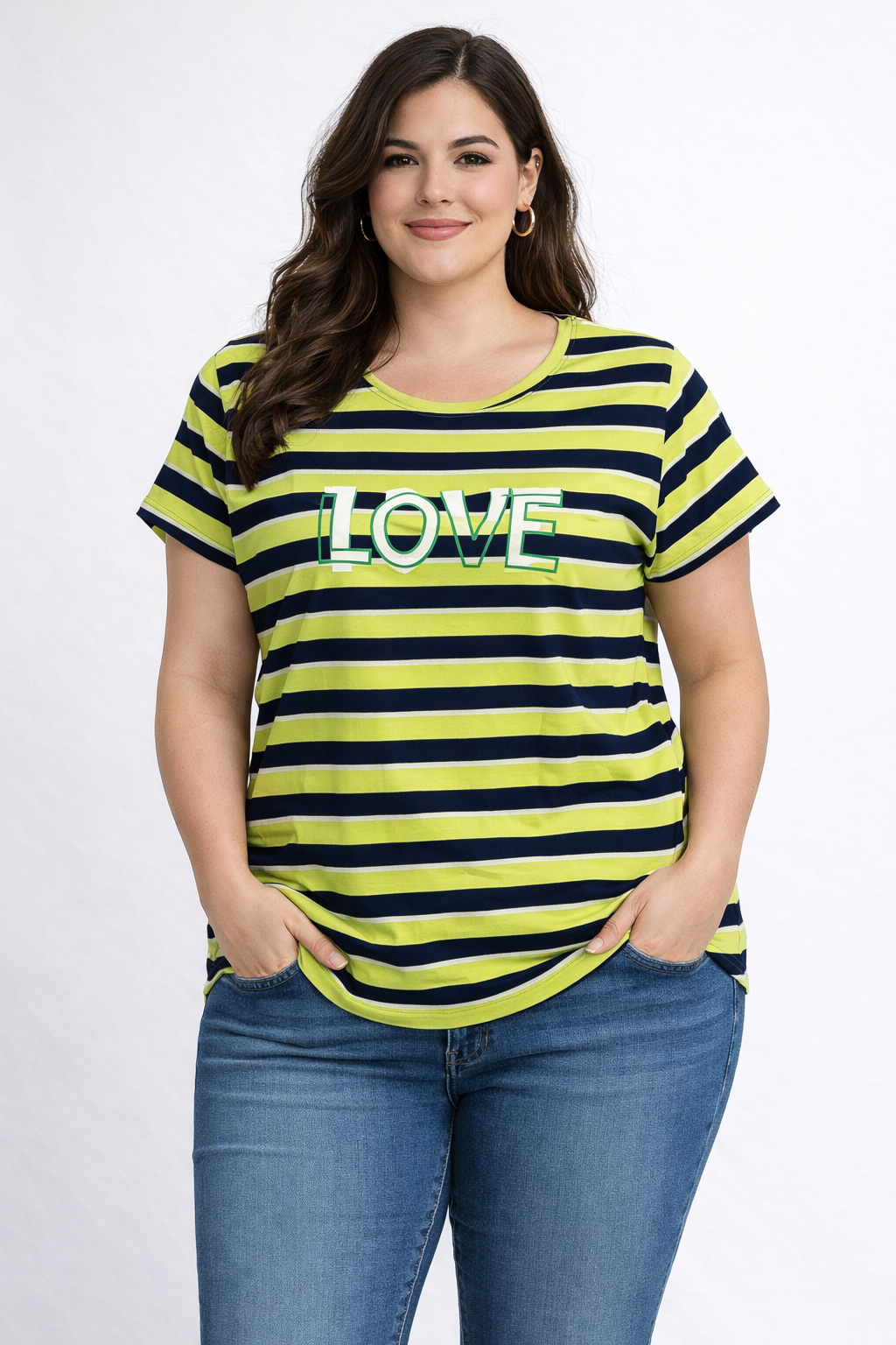 Green & Navy Striped Cotton T-Shirt – “LOVE” Print | Regular Fit
