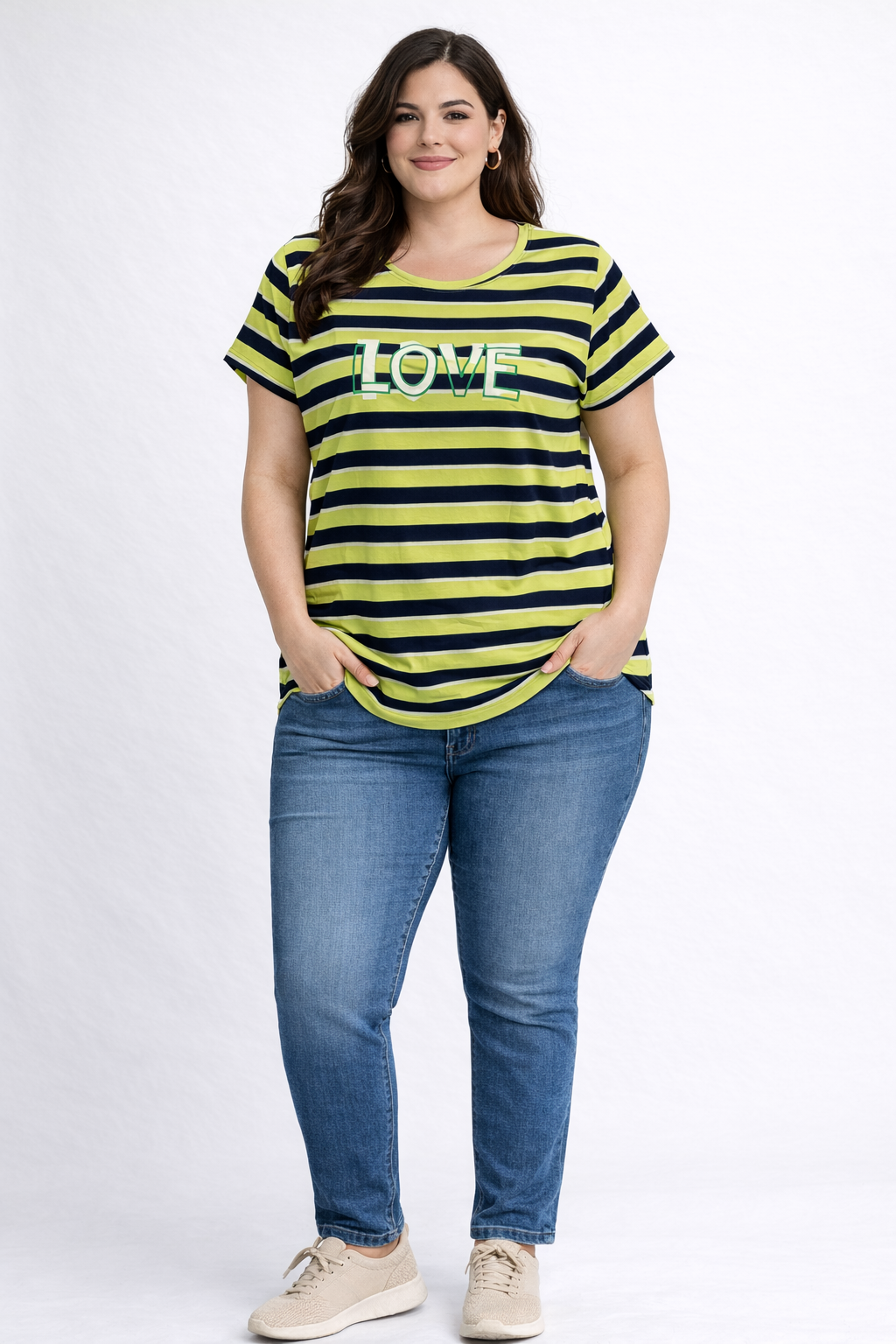 Green & Navy Striped Cotton T-Shirt – “LOVE” Print | Regular Fit