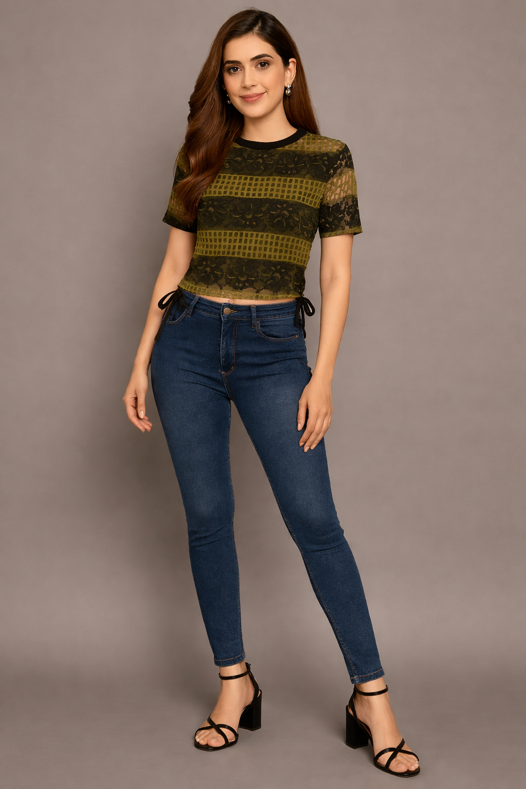 Stylish Black & Olive Printed Crop