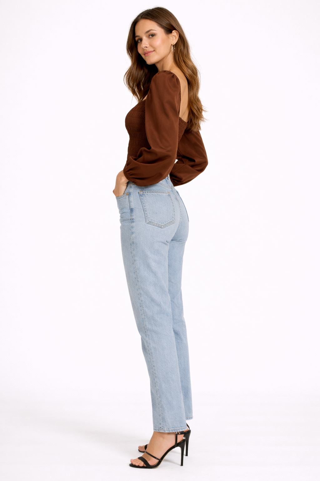 Brown Smocked Puff Sleeve Crop Top