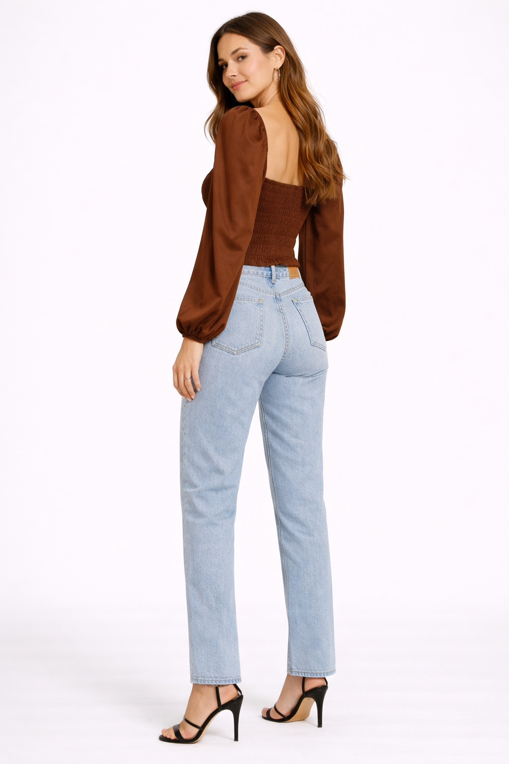 Brown Smocked Puff Sleeve Crop Top