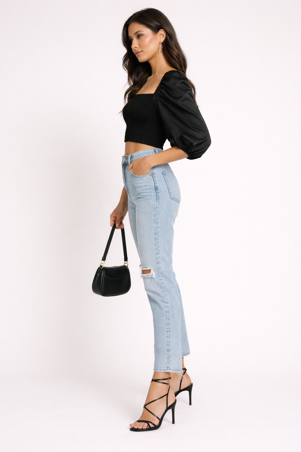Black Smocked Crop Top with Puff Sleeves