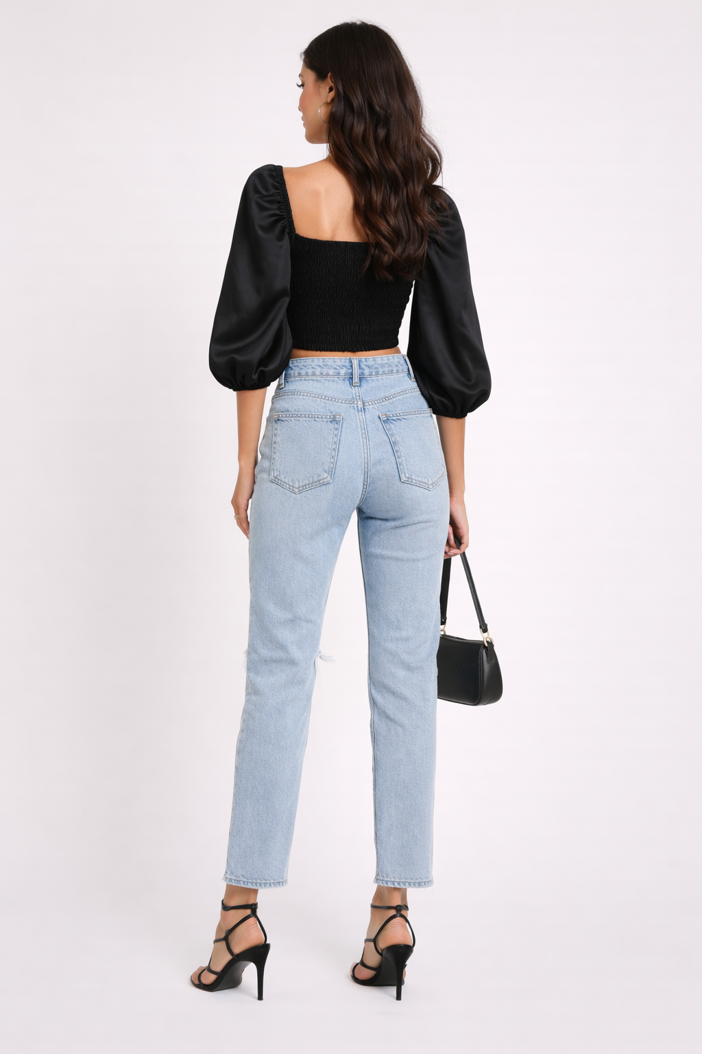 Black Smocked Crop Top with Puff Sleeves