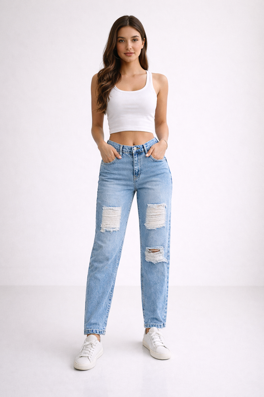 Light Blue High-Waist Ripped Straight Fit Jeans