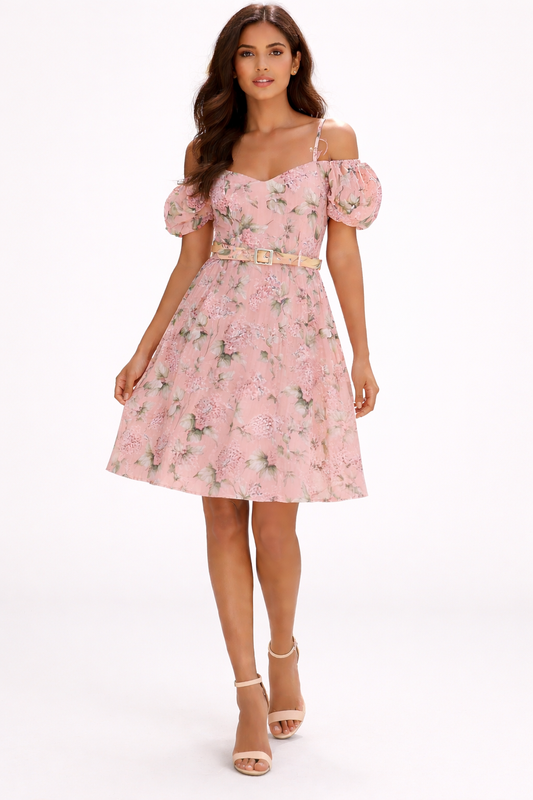 Women Pink Floral Off Shoulder A-Line Dress with Belt