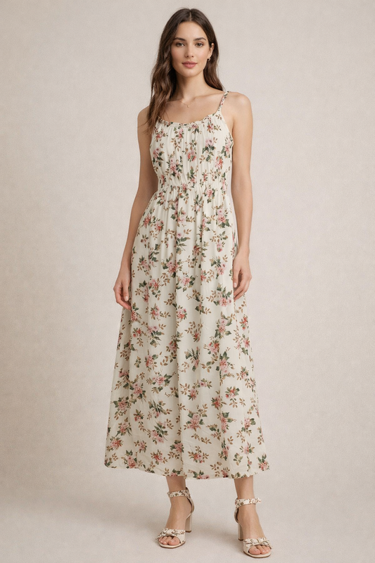 Women Cream Floral Printed Sleeveless Maxi Dress