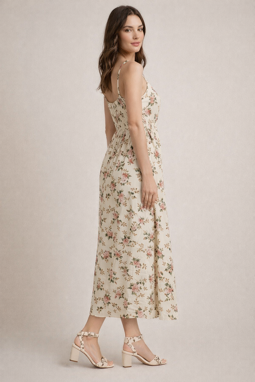 Women Cream Floral Printed Sleeveless Maxi Dress