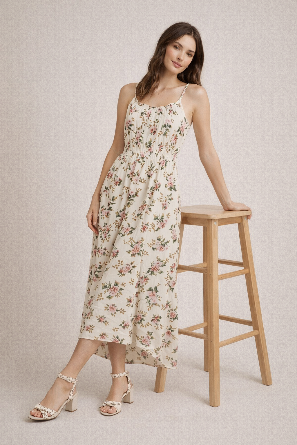 Women Cream Floral Printed Sleeveless Maxi Dress