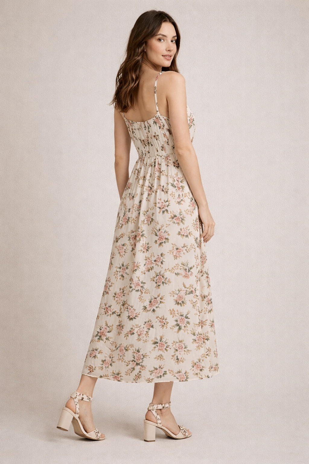 Women Cream Floral Printed Sleeveless Maxi Dress