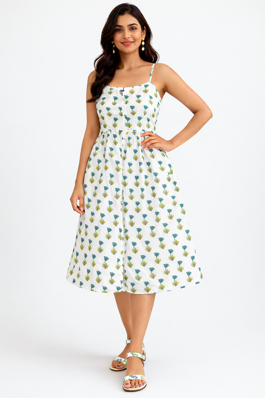 Women's White Floral Printed Summer Midi Dress