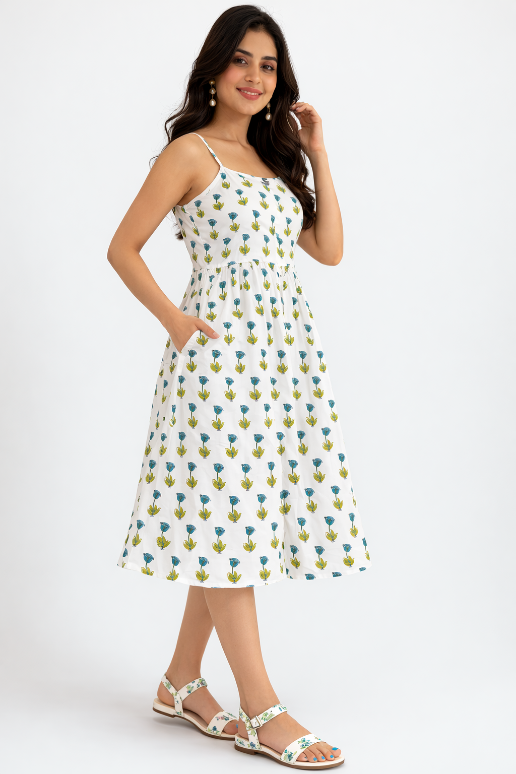 Women's White Floral Printed Summer Midi Dress