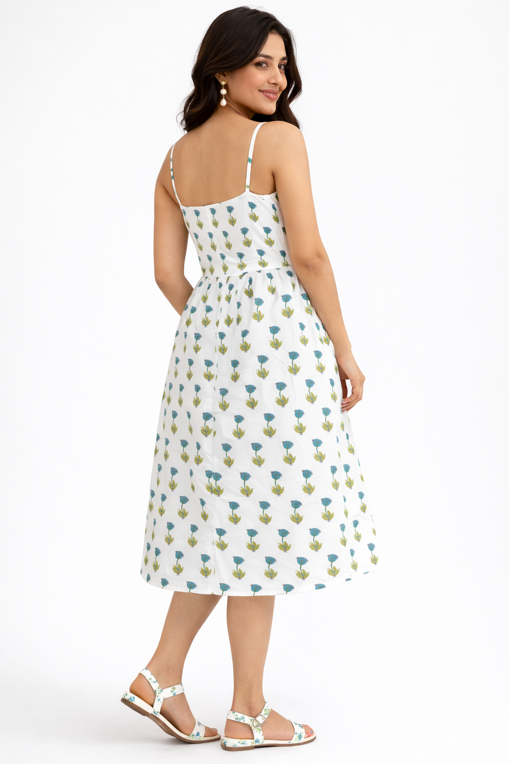 Women's White Floral Printed Summer Midi Dress
