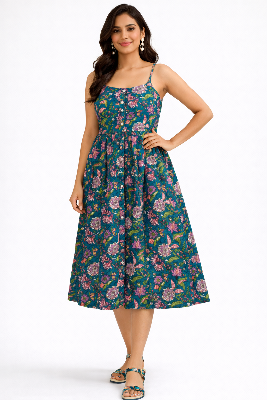 Women's Green Floral Printed Spaghetti Strap Midi Dress