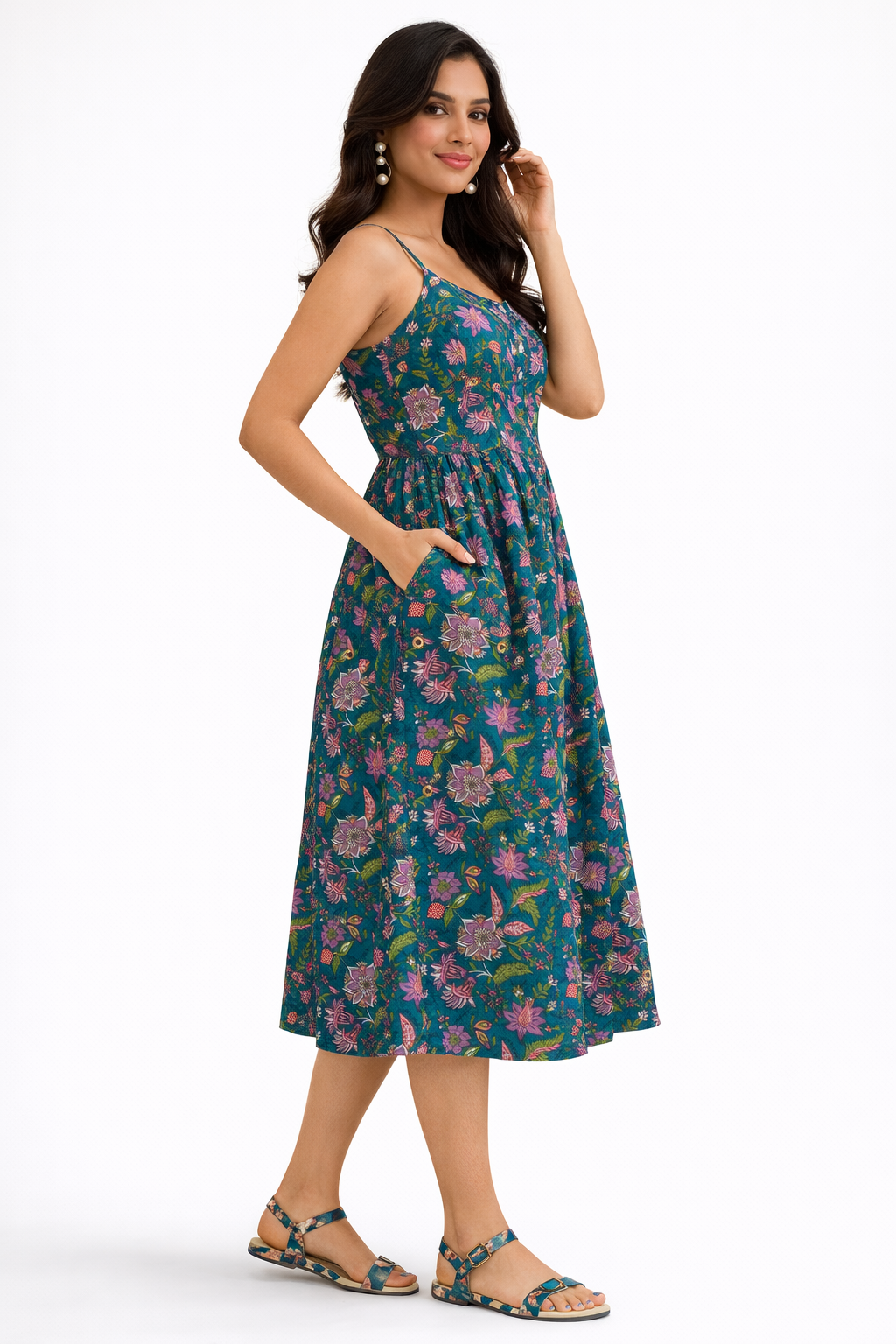 Women's Green Floral Printed Spaghetti Strap Midi Dress