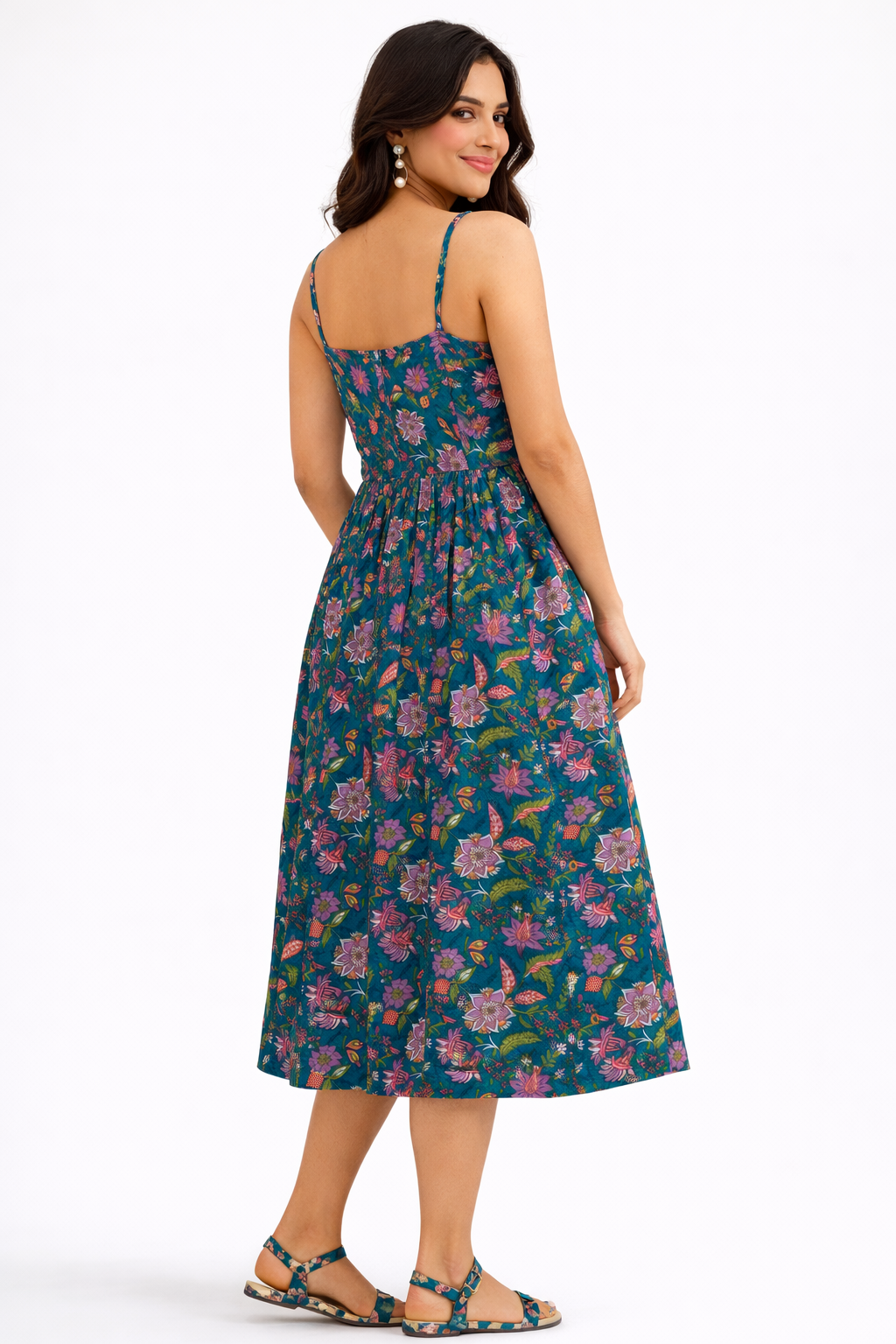 Women's Green Floral Printed Spaghetti Strap Midi Dress