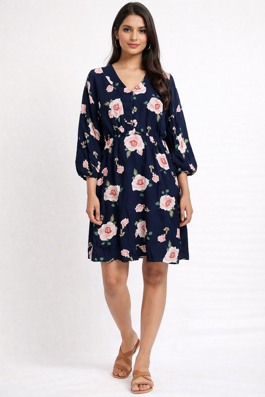 Women's Navy Blue Floral Printed Casual Dress