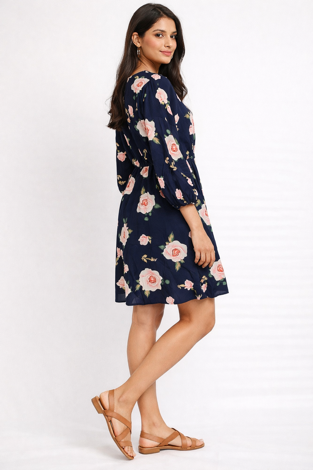 Women's Navy Blue Floral Printed Casual Dress