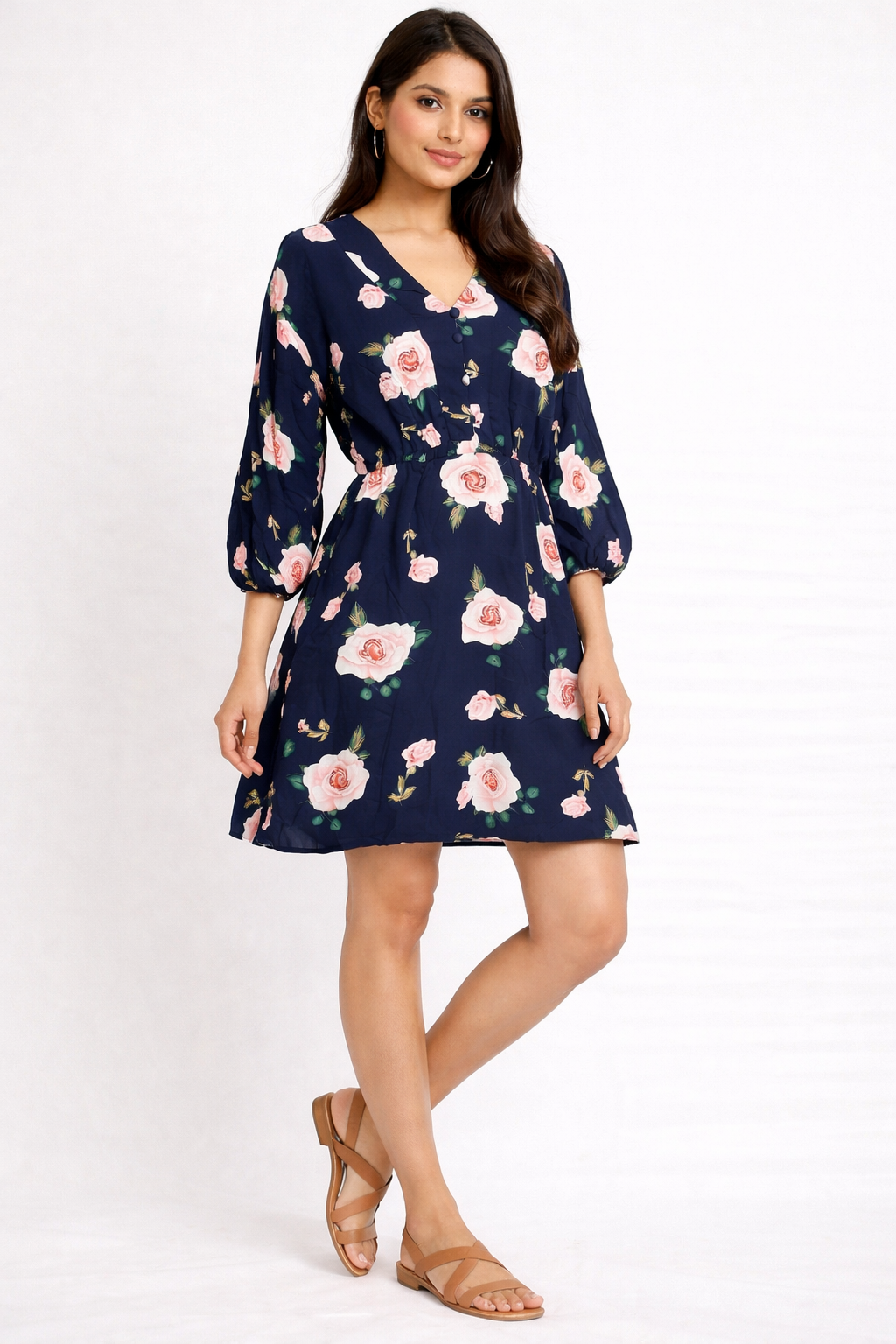 Women's Navy Blue Floral Printed Casual Dress