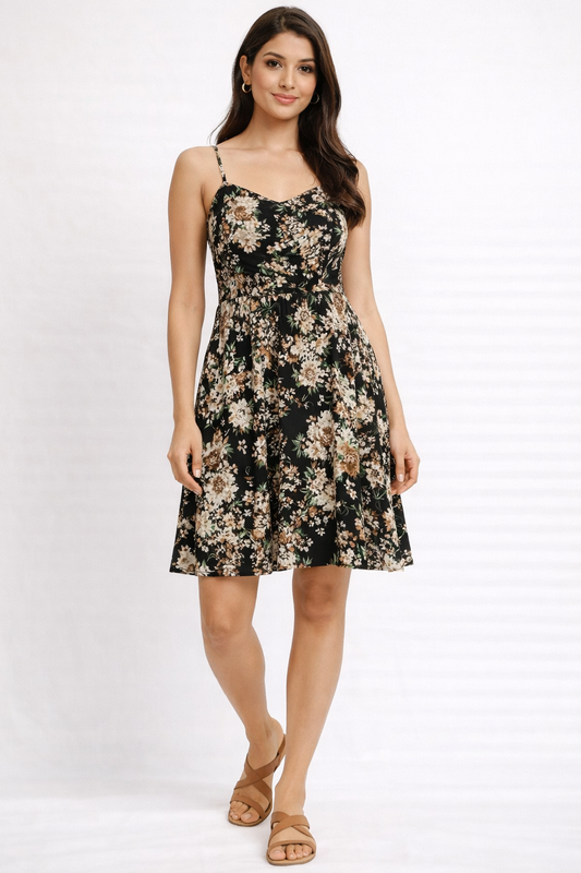 Women's Black Floral Printed Spaghetti Strap Midi Dress