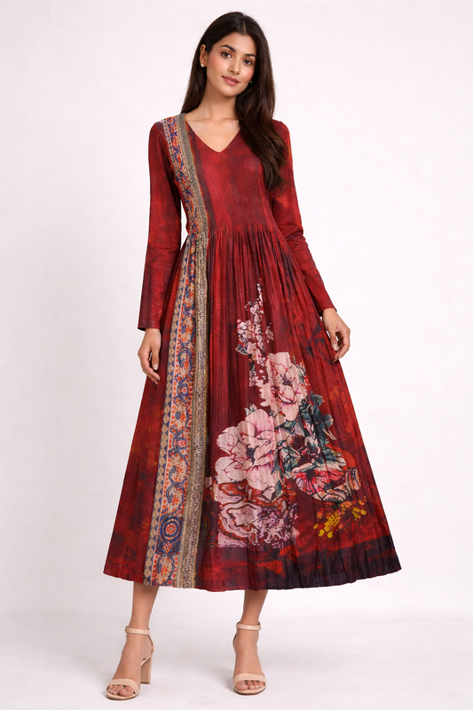 Women's Elegant Red Printed Anarkali Maxi Dress