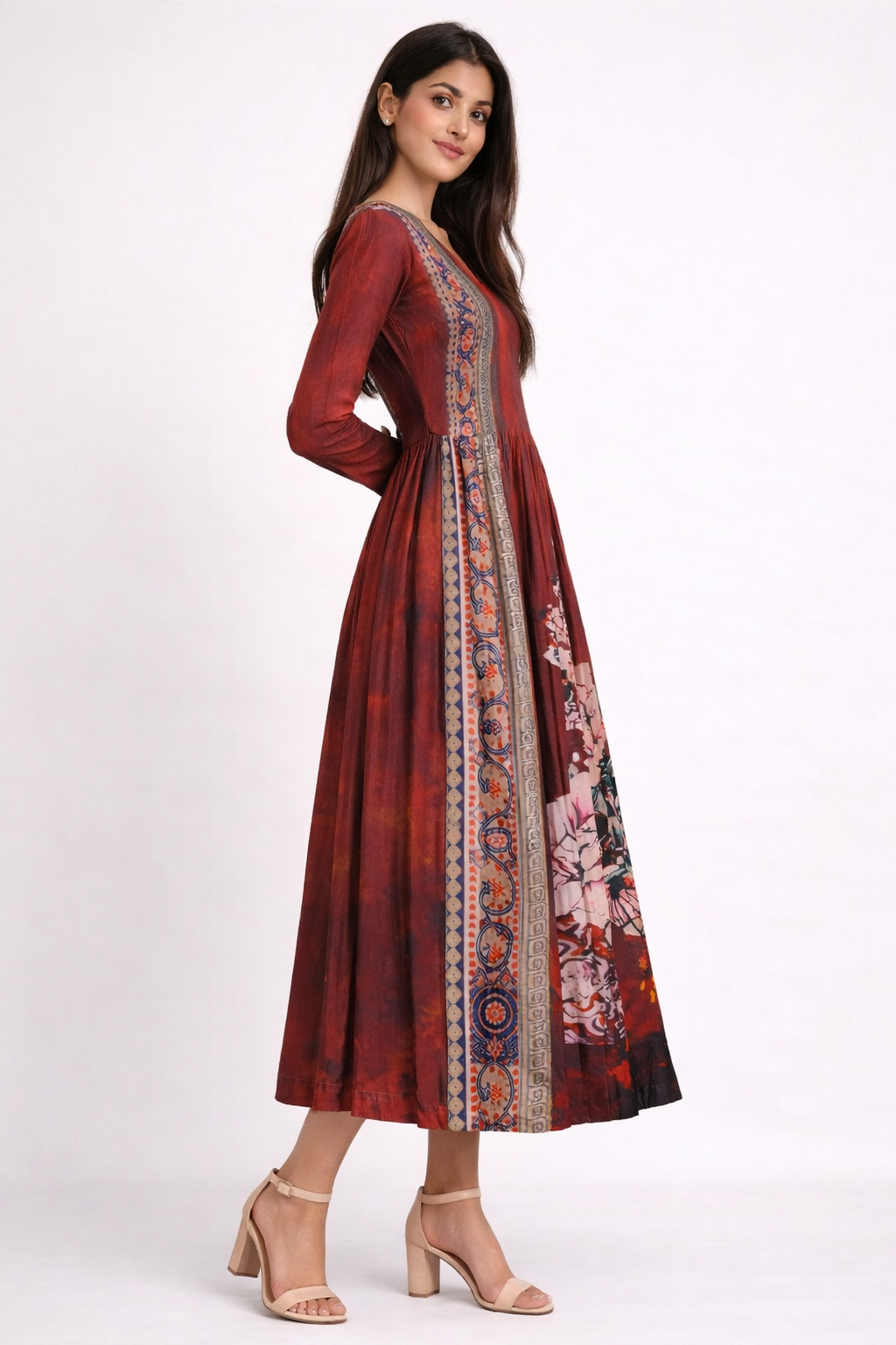 Women's Elegant Red Printed Anarkali Maxi Dress