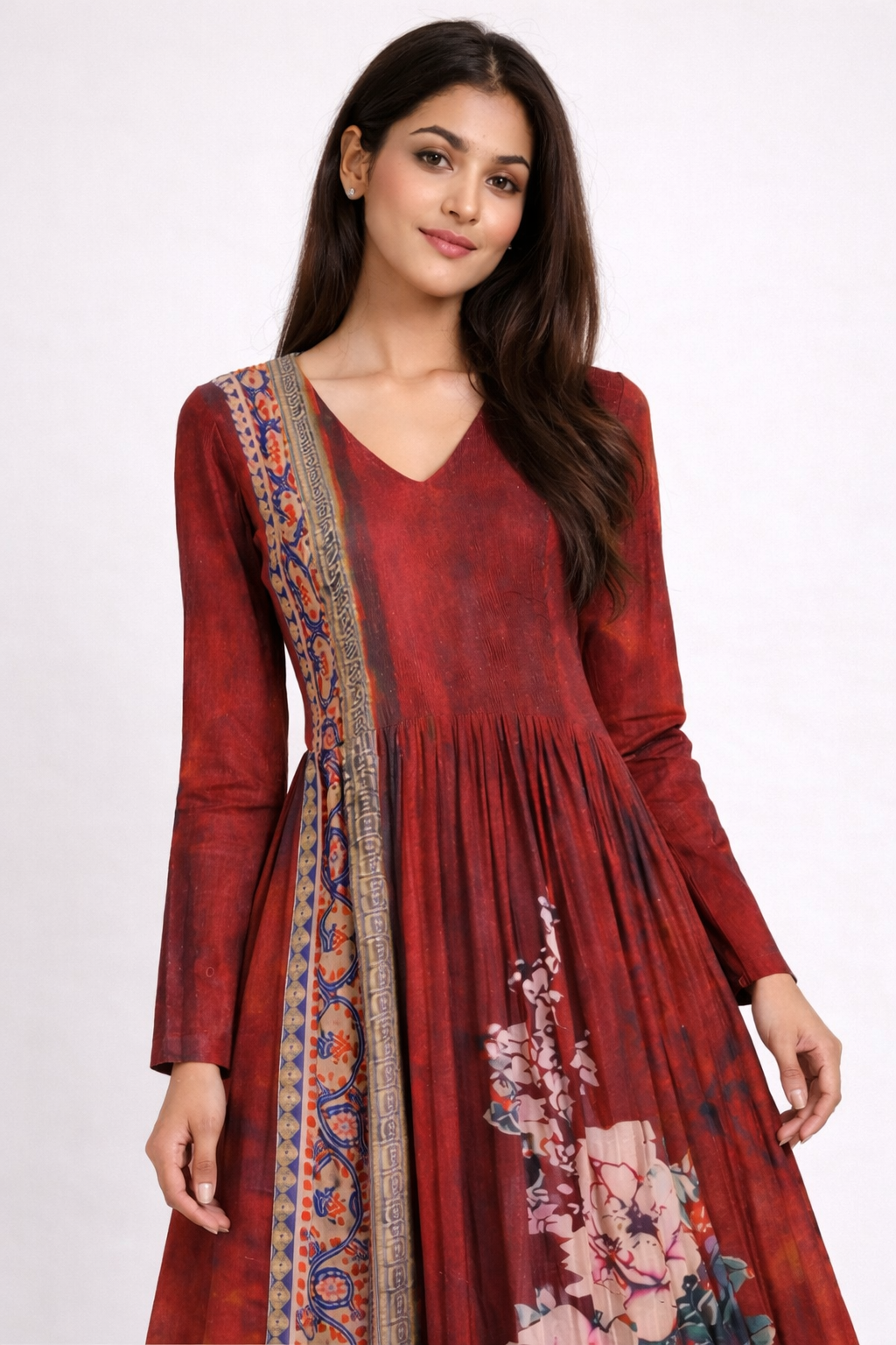 Women's Elegant Red Printed Anarkali Maxi Dress