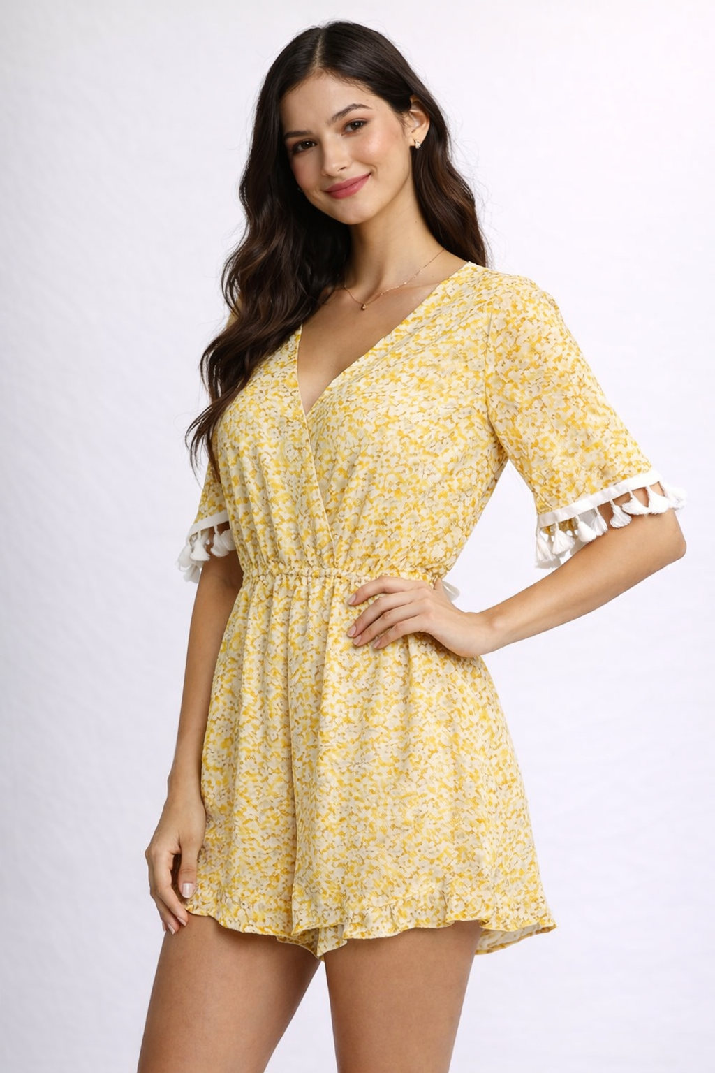 Women Yellow Floral V-Neck Short Dress with Tassel Sleeve