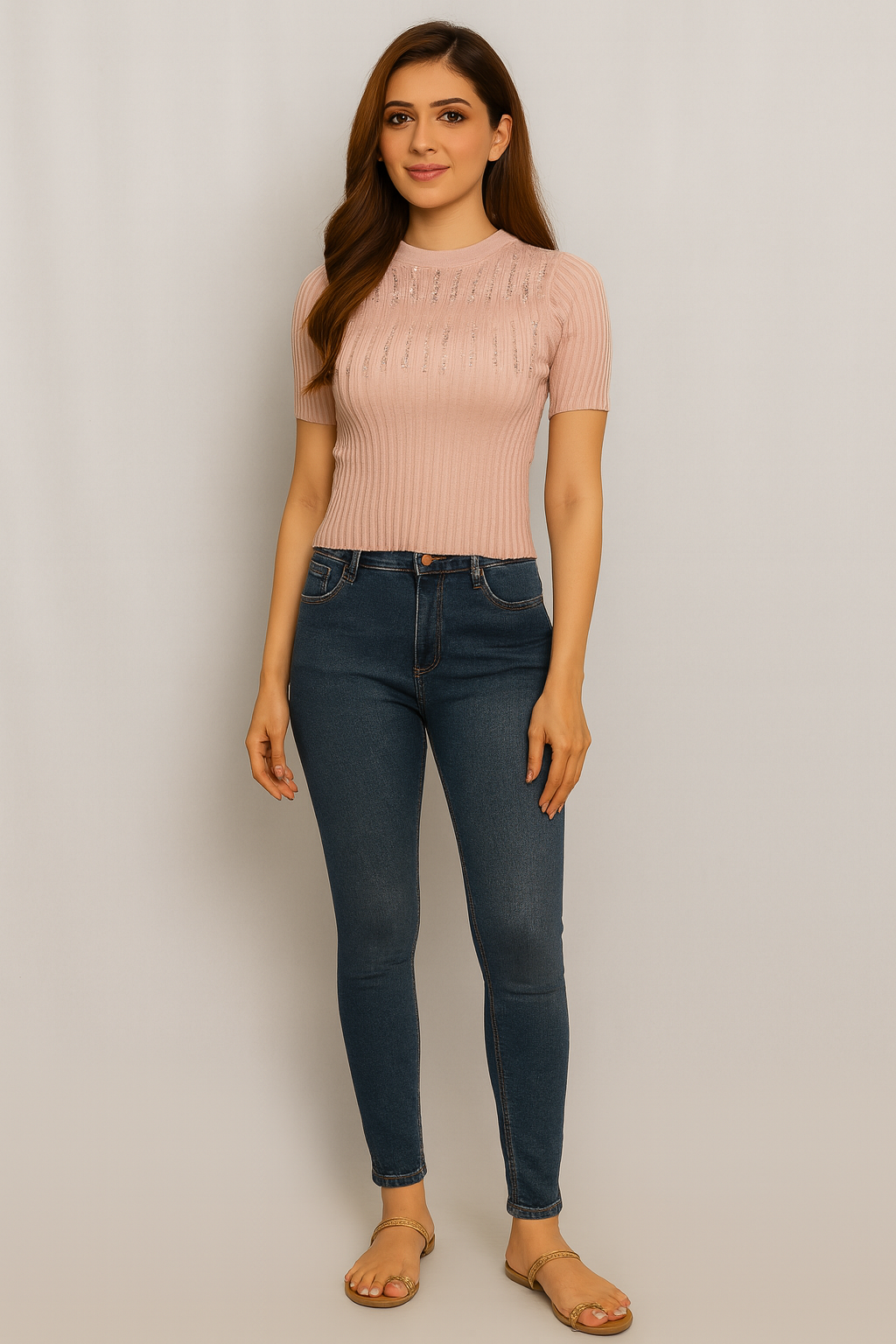 Ribbed Knit Top with Short Sleeves