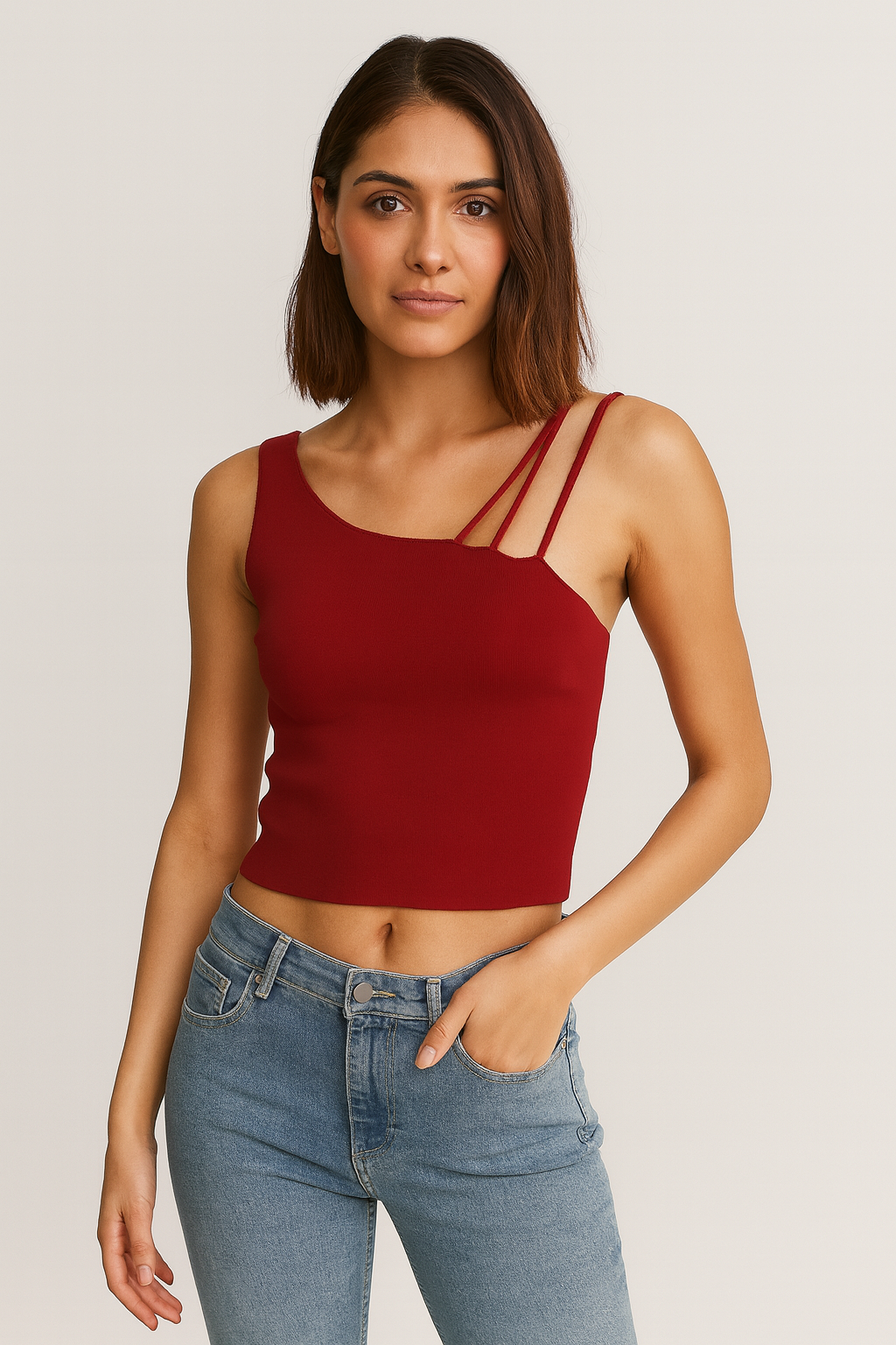 Red Asymmetrical Strap Crop Top