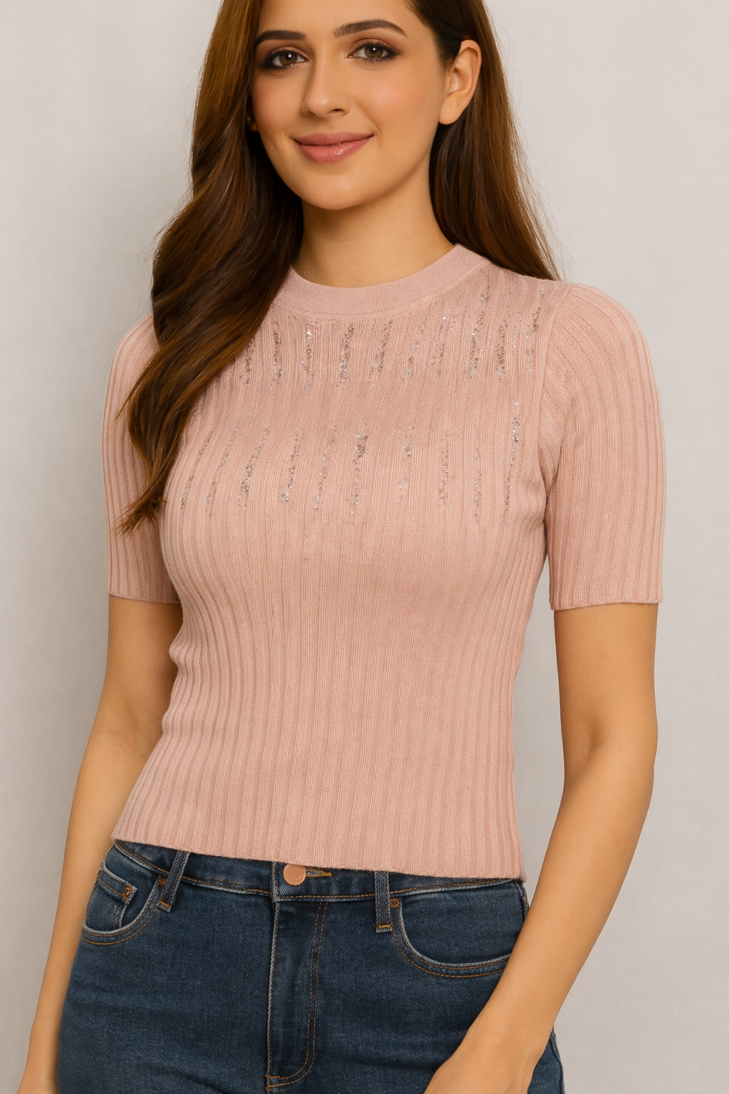 Ribbed Knit Top with Short Sleeves