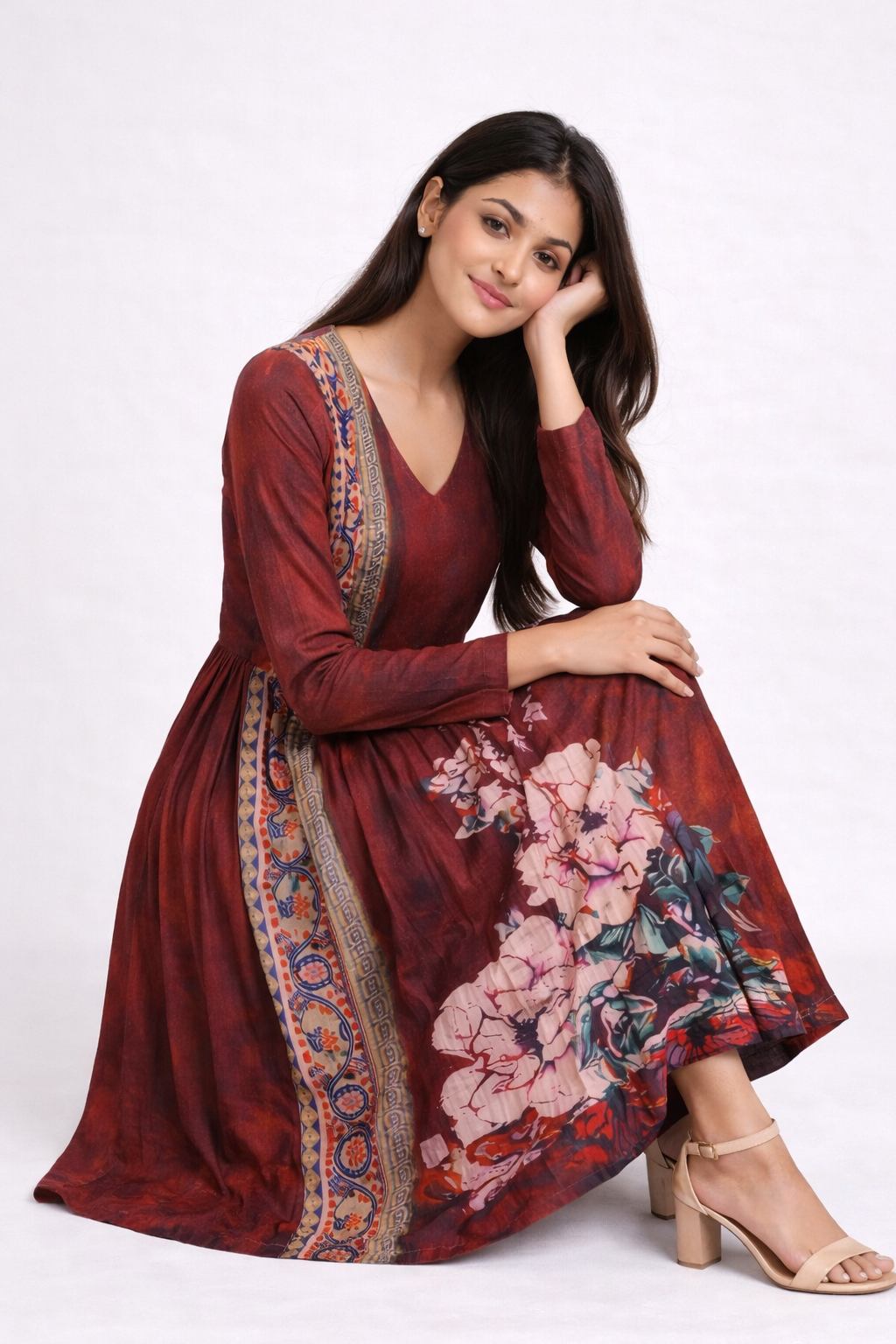 Women's Elegant Red Printed Anarkali Maxi Dress