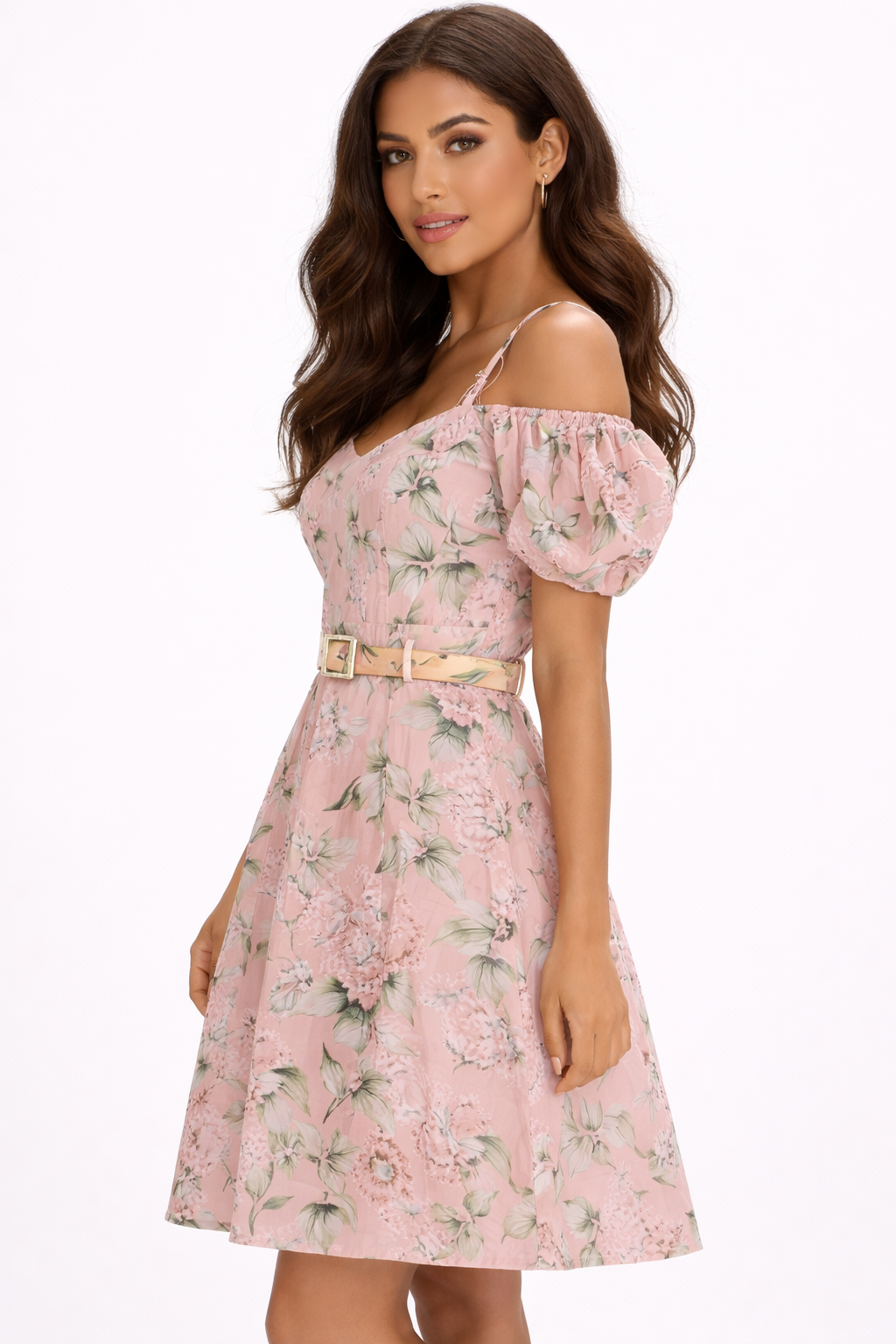 Women Pink Floral Off Shoulder A-Line Dress with Belt