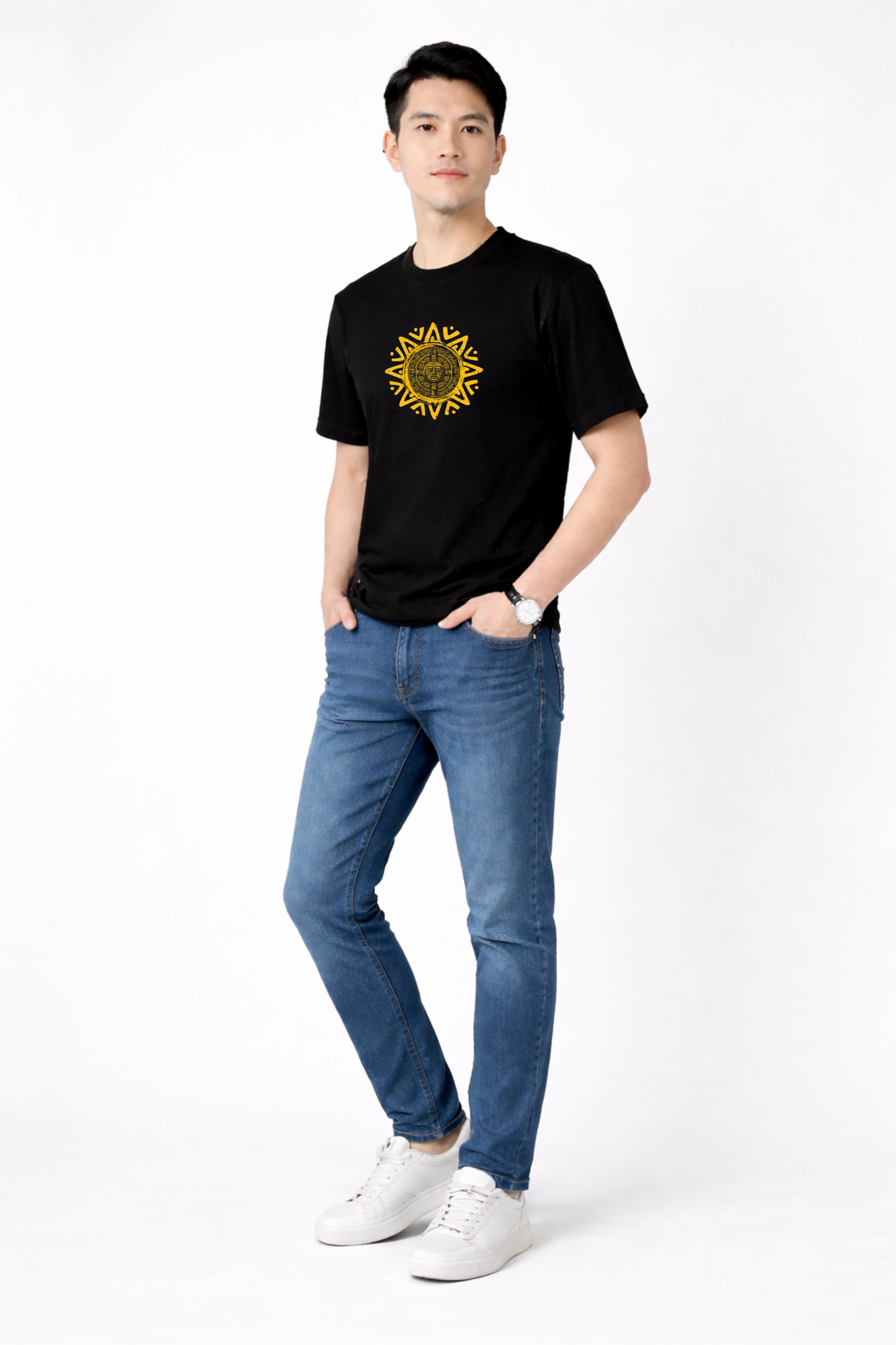 Black Cotton Graphic Print Round Neck T-Shirt for Men