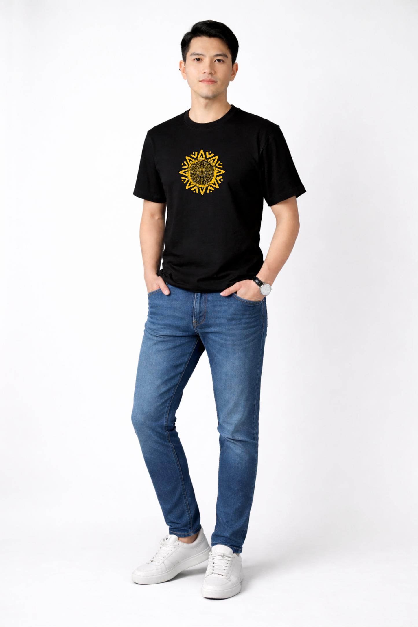 Black Cotton Graphic Print Round Neck T-Shirt for Men