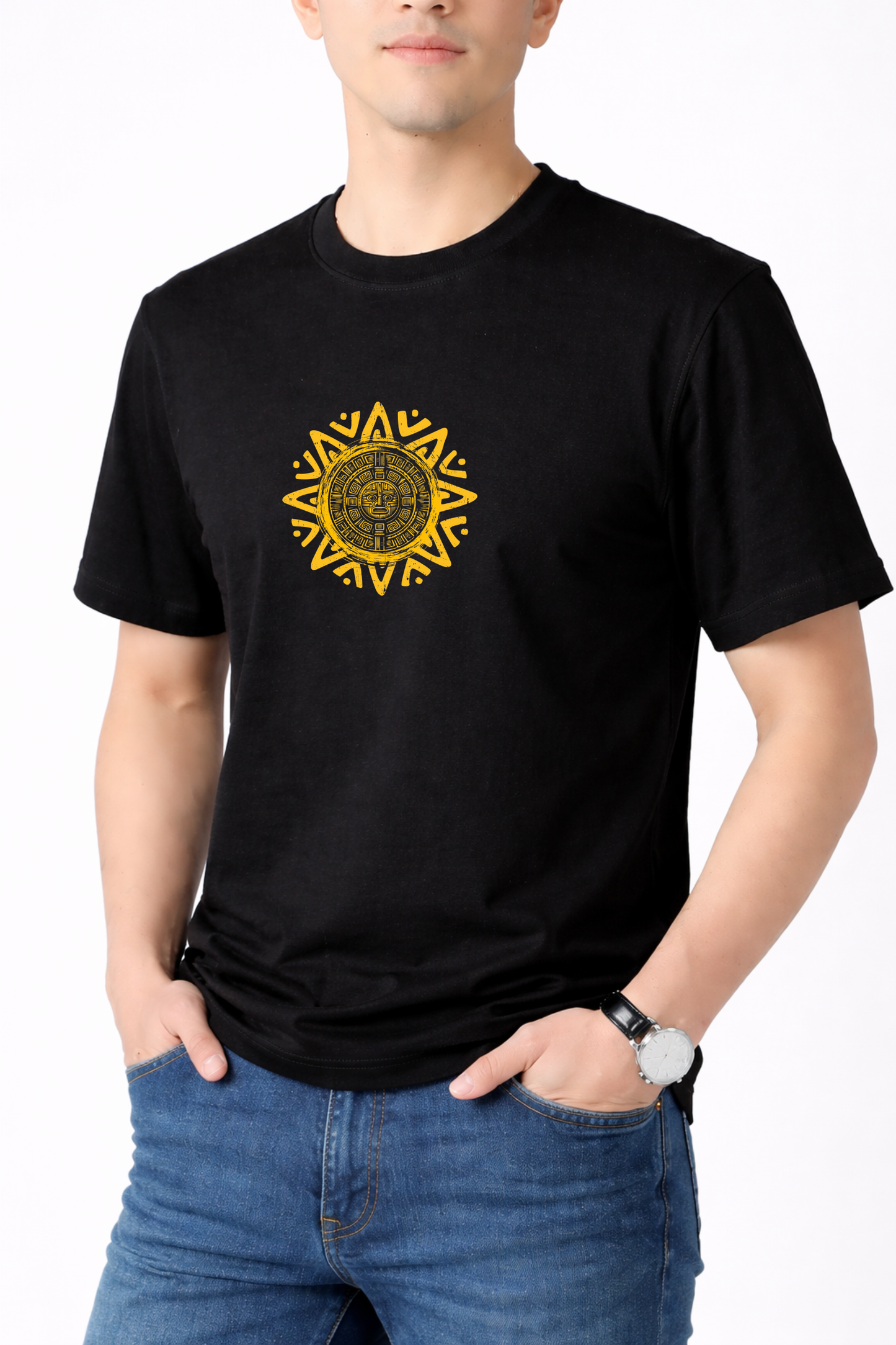 Black Cotton Graphic Print Round Neck T-Shirt for Men