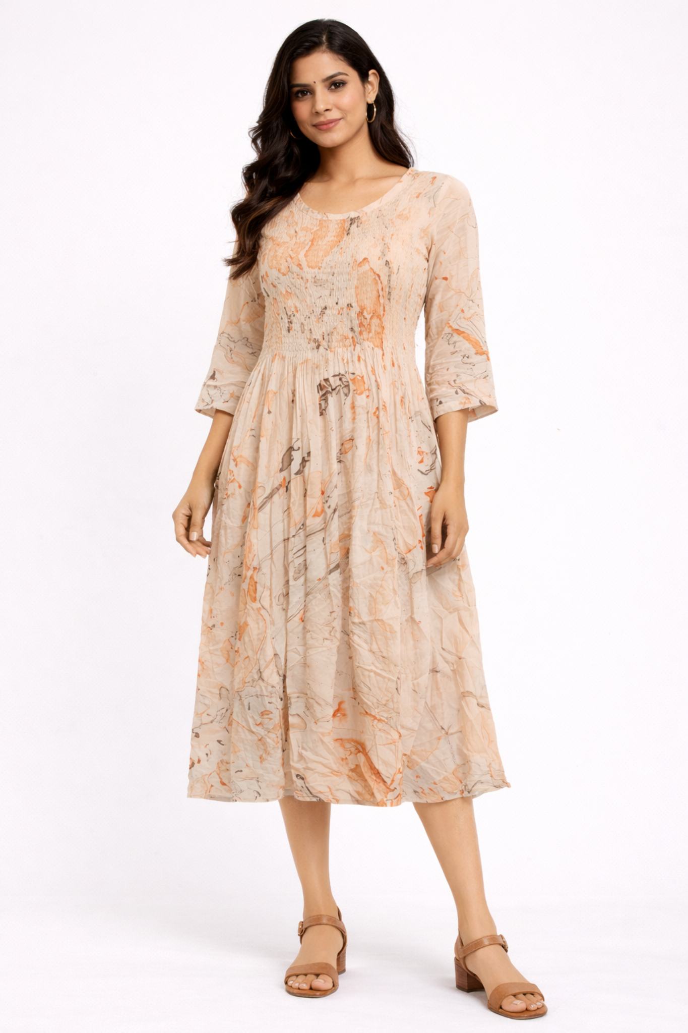 Women Beige Abstract Print Smocked Midi Dress