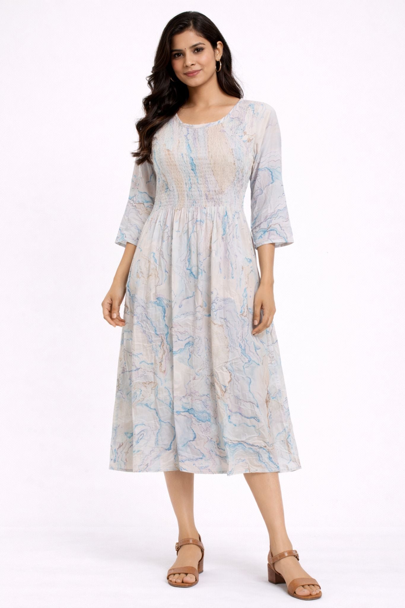 Women Light Grey Marble Print Smocked Midi Dress