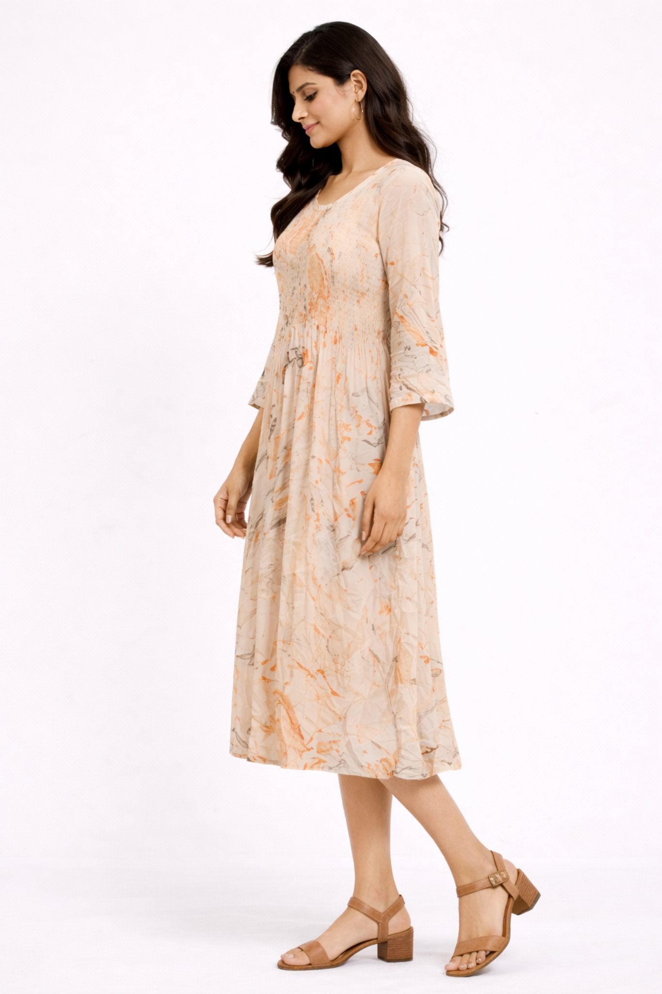 Women Beige Abstract Print Smocked Midi Dress