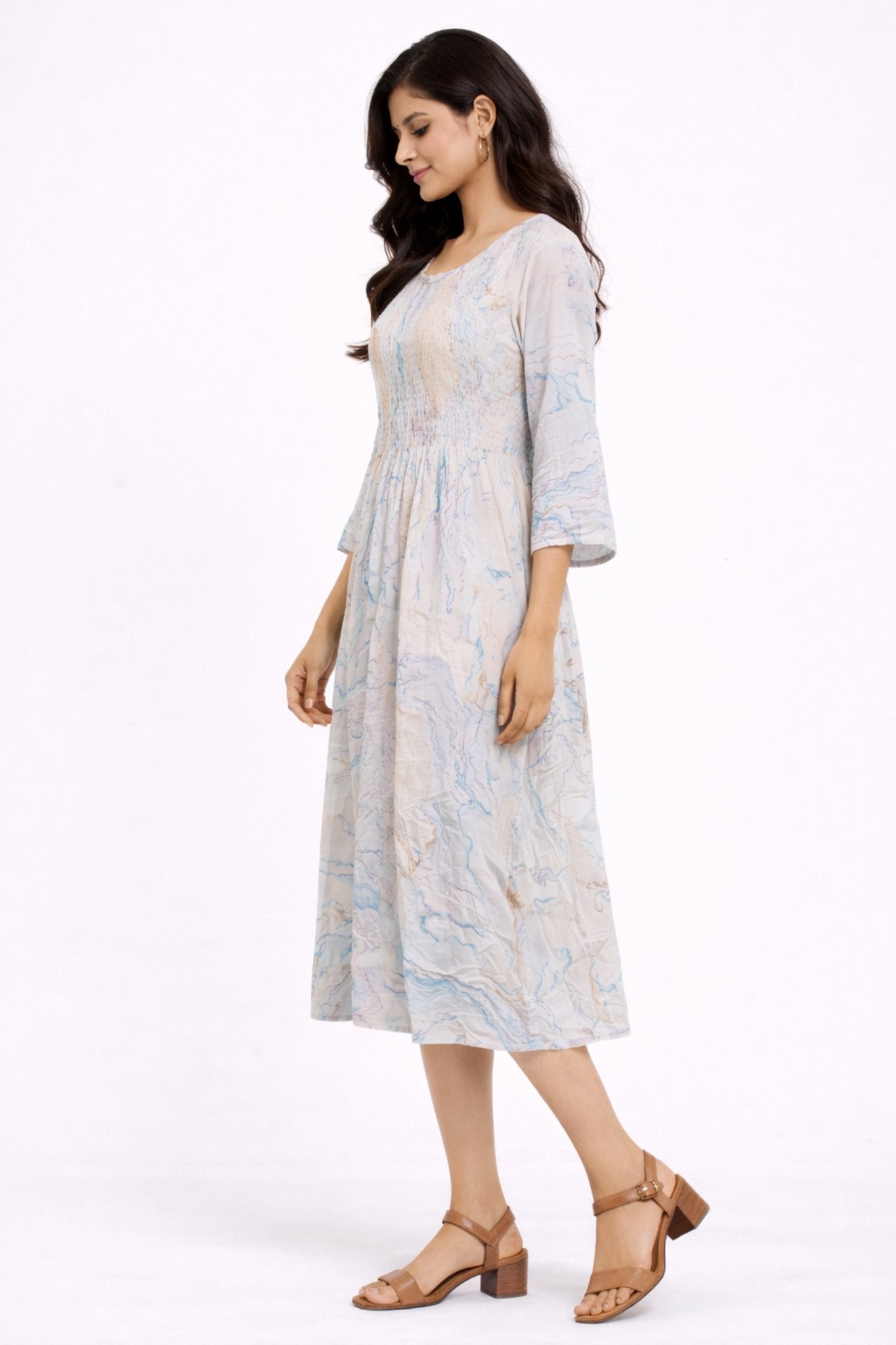 Women Light Grey Marble Print Smocked Midi Dress