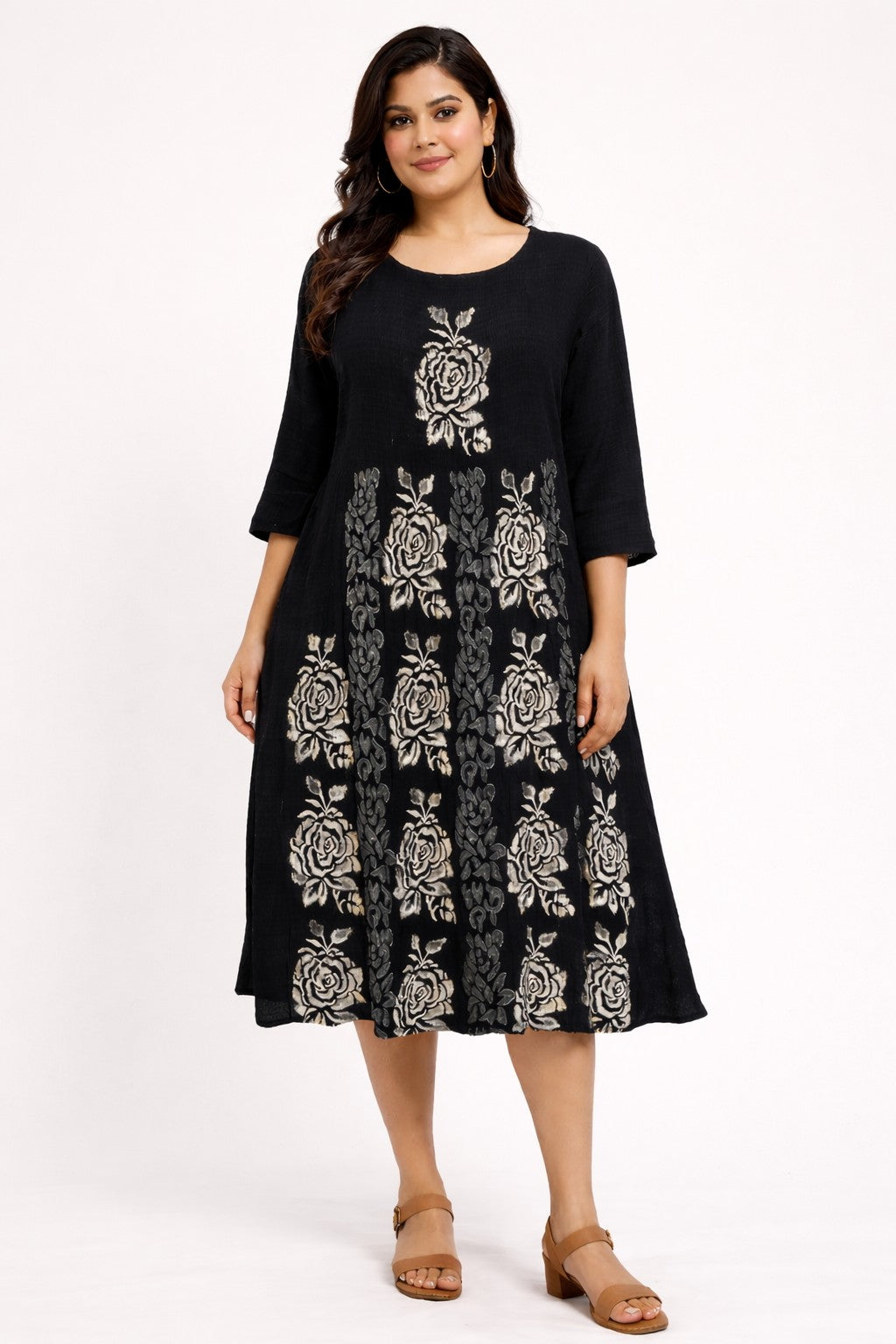 omen Black Floral Print A-Line Midi Dress