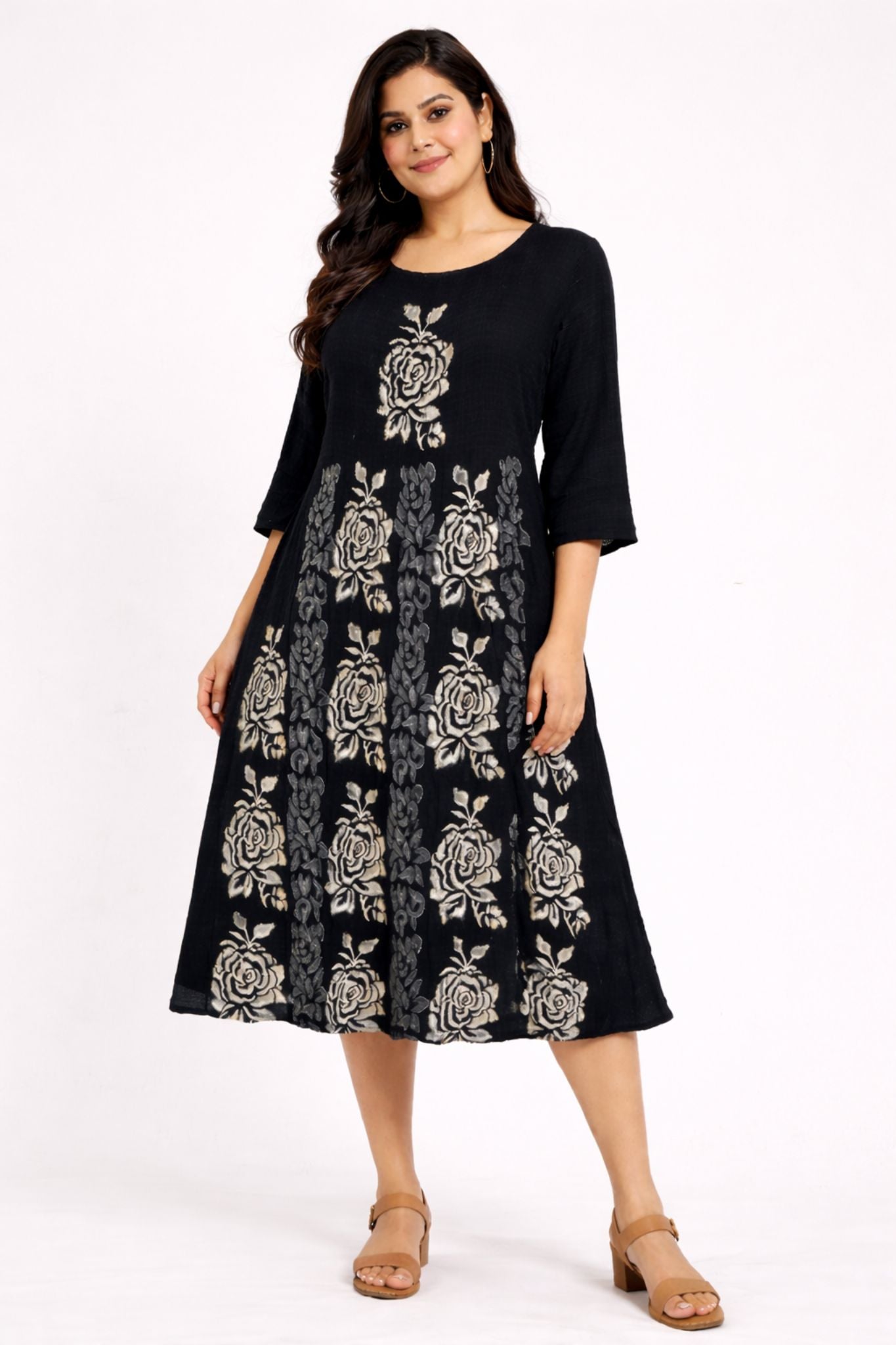 omen Black Floral Print A-Line Midi Dress